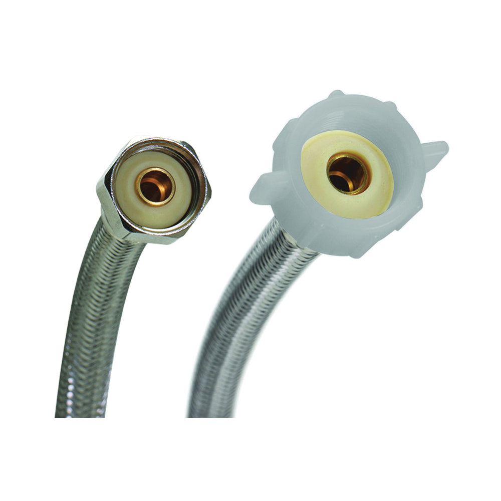 FLUIDMASTER B4T12 Toilet Connector, 1/2 in Inlet, FIP Inlet, 7/8 in Outlet, Ballcock Outlet, Stainless Steel Tubing