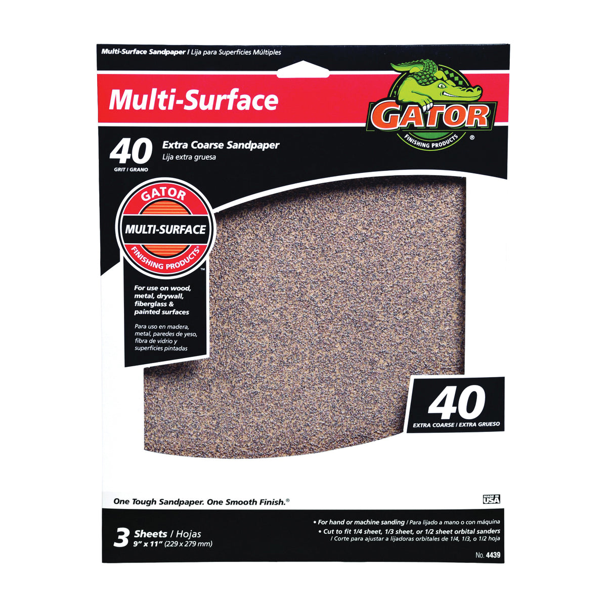 Gator 4439 Sanding Sheet, 11 in L, 9 in W, 40 Grit, Coarse, Aluminum Oxide Abrasive