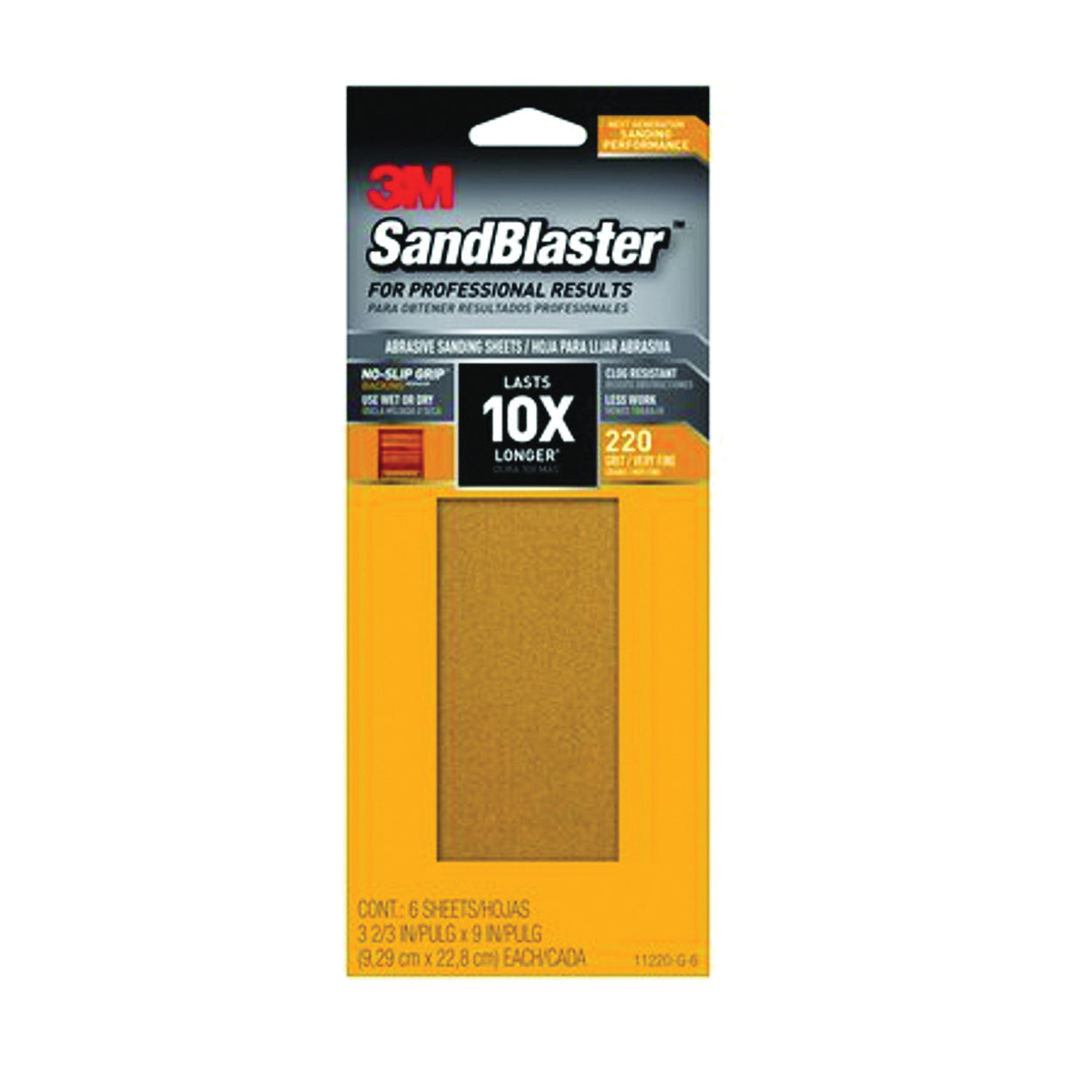 3M SandBlaster Series 11220-G-6 Sandpaper, 9 in L, 3-2/3 in W, 220 Grit, Fine, Synthetic Mineral Abrasive