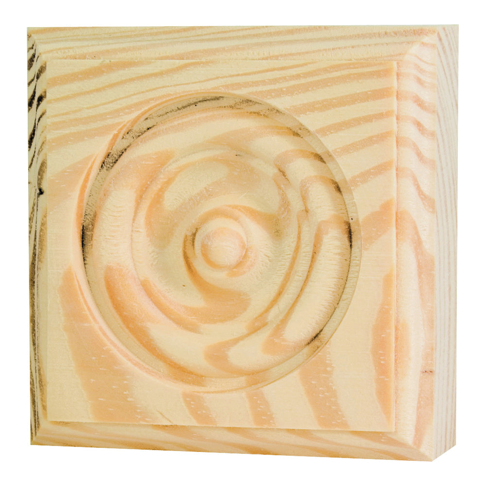 Waddell RTB25-36 Trim Block, 2-3/4 in H, 2-3/4 in W, Rosette Pattern, Pine Wood