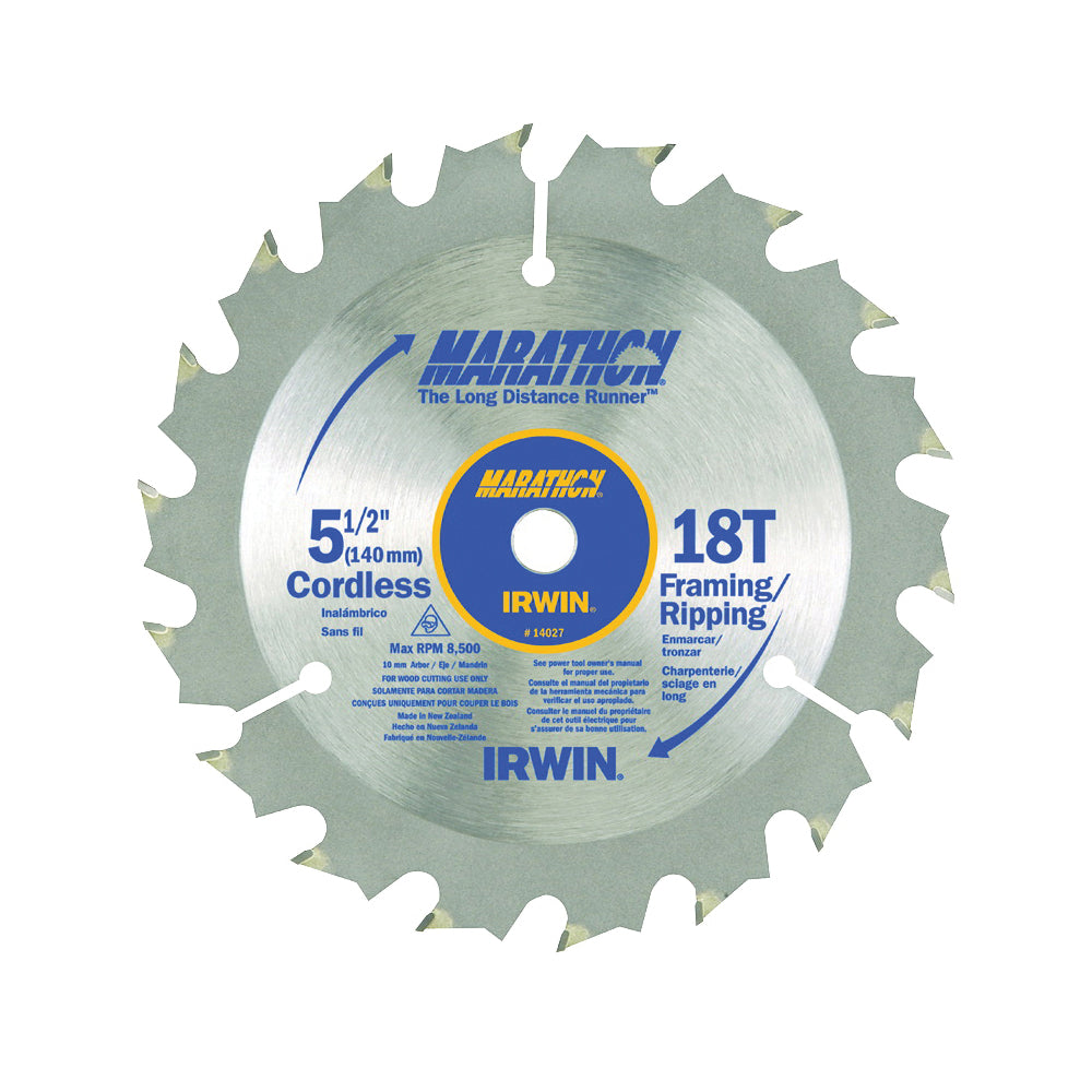 IRWIN MARATHON 14027 Circular Saw Blade, 5-1/2 in Dia, 0.39 in Arbor, 18-Teeth, Carbide Cutting Edge