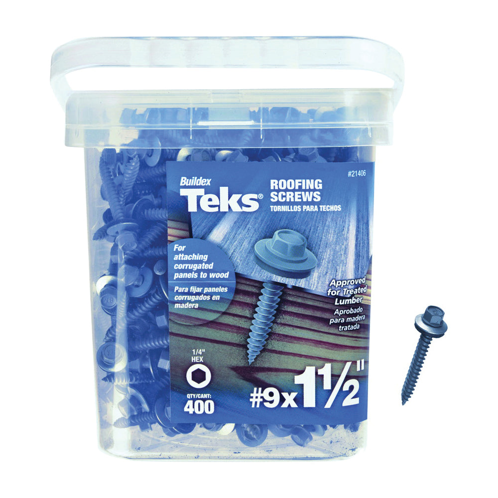 Teks 21406 Roofing Screw, #9 Thread, Coarse Thread, Hex Drive, Self-Tapping, Sharp Point, Steel, Zinc