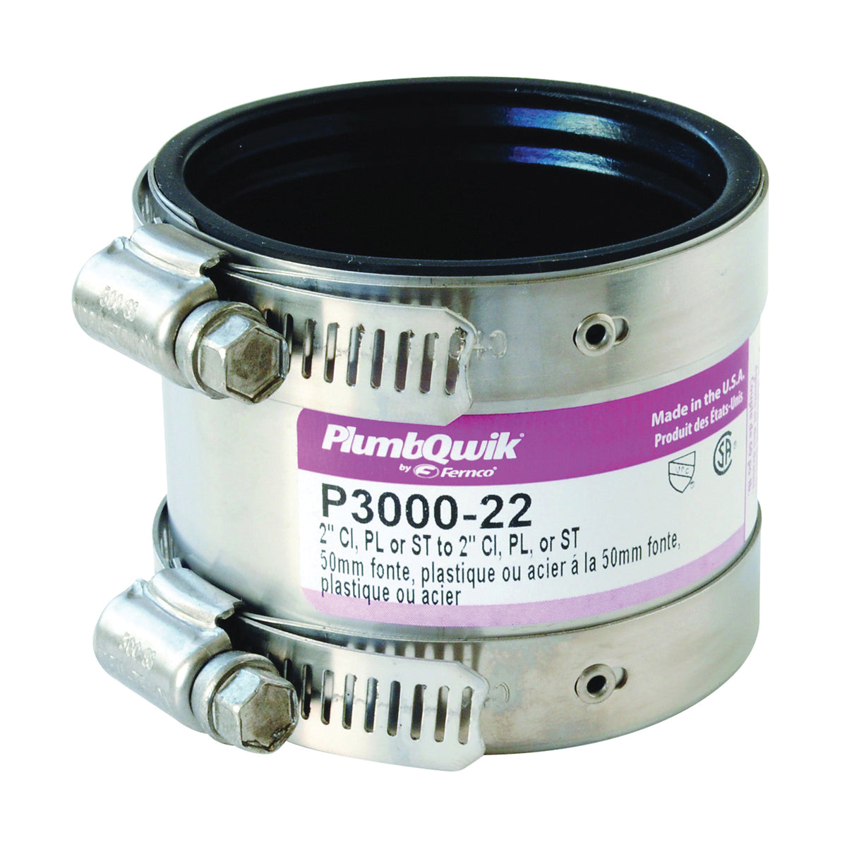 FERNCO P3000-22 Transition Coupling, 2 in, PVC, SCH 40 Schedule, 4.3 psi Pressure