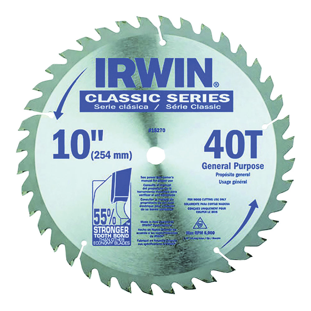 IRWIN 15270 Circular Saw Blade, 10 in Dia, 5/8 in Arbor, 40-Teeth, Carbide Cutting Edge