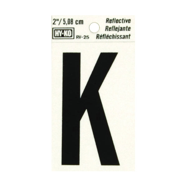 HY-KO RV-25/K Reflective Letter, Character: K, 2 in H Character, Black Character, Silver Background, Vinyl