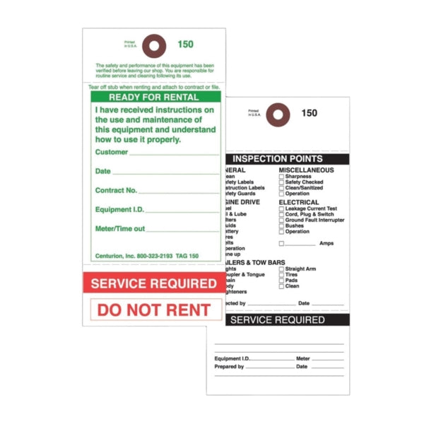 Centurion TAG150PT1 Rental Item Tag, READY-TO-RENT/SERVICE REQUIRED, 3-1/8 in W x 6-1/4 in H Dimensions