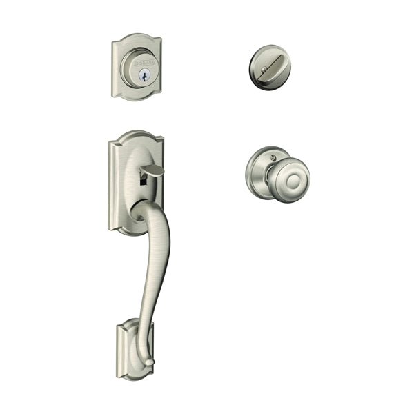 Schlage Camelot Series F60VCAM/GEO619 Handleset, Keyed Different Key, Brass, Satin Nickel, 2-3/8 x 2-3/4 in Backset