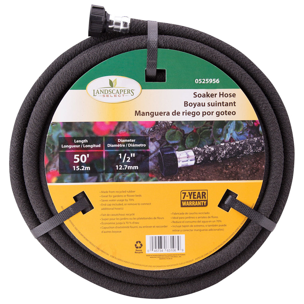 Landscapers Select P174-161102 Soaker Hose, 50 ft L, Plastic Male and Female Couplings, Rubber, Black