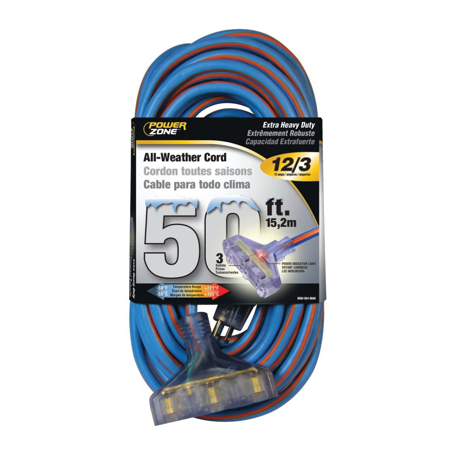 PowerZone Extension Cord, 12 AWG Cable, 5-15P Grounded Plug, 5-15R Grounded Receptacle, 50 ft L, 15 A, 125 V