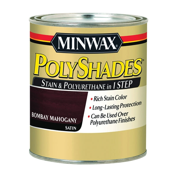 Minwax PolyShades 213804444 Wood Stain and Polyurethane, Satin, Bombay Mahogany, Liquid, 0.5 pt, Can