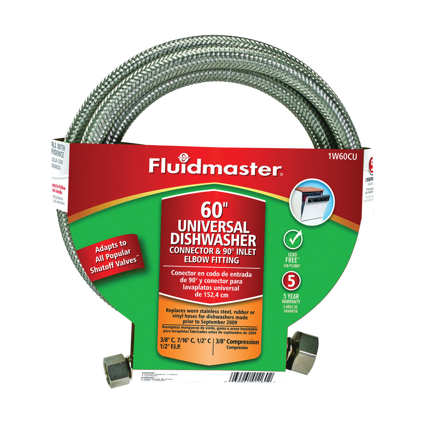 FLUIDMASTER 1W60CU Dishwasher Connector, 3/8 in, Compression, Polymer/Stainless Steel