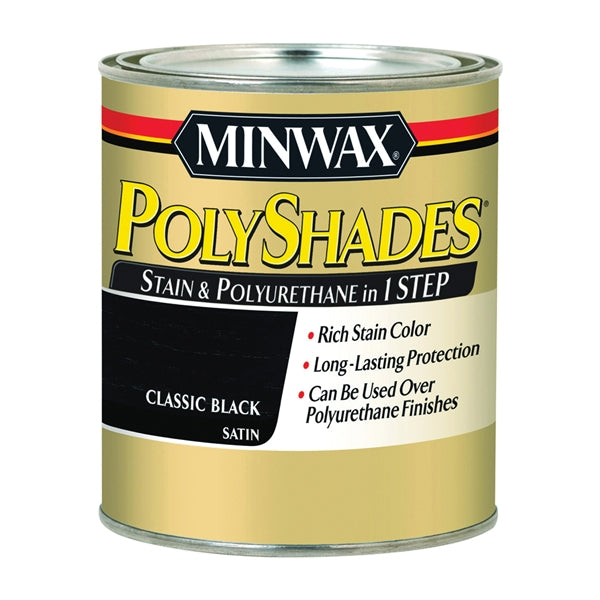 Minwax PolyShades 213954444 Wood Stain and Polyurethane, Satin, Classic Black, Liquid, 0.5 pt, Can