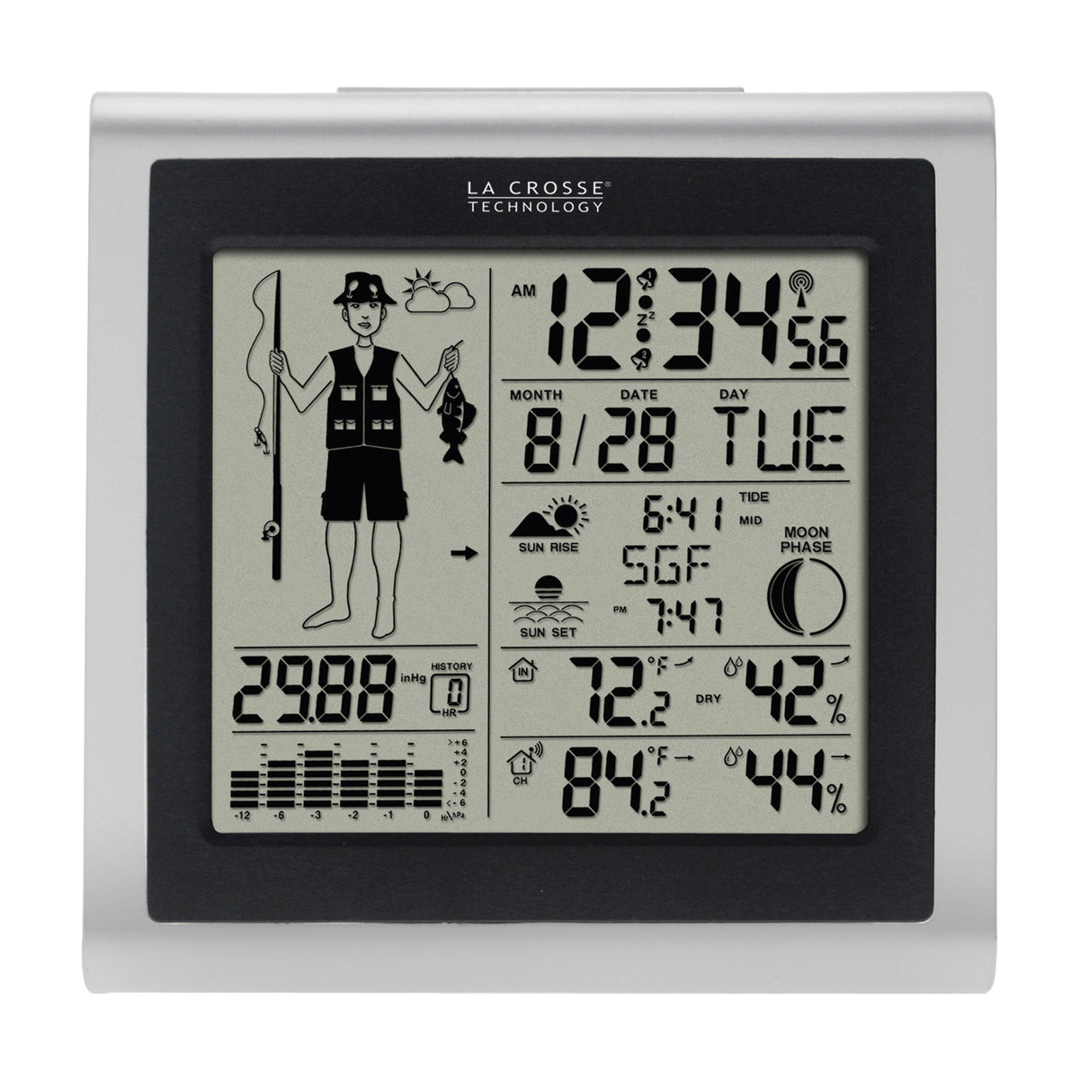 La Crosse 308-1451 Fisherman Forecast Station, 32 to 122 deg F, 1 to 99 % Humidity Range, LED Display