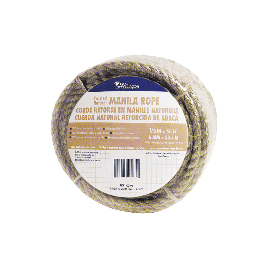 T.W. Evans Cordage 26-003 Rope, 1/2 in Dia, 50 ft L, 360 lb Working Load, Manila, Natural