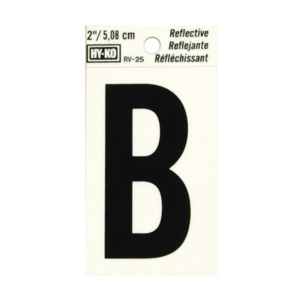 HY-KO RV-25/B Reflective Letter, Character: B, 2 in H Character, Black Character, Silver Background, Vinyl