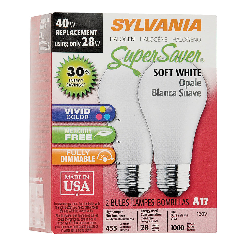 Sylvania 19008 Halogen Bulb, 28 W, Medium E26 Lamp Base, A19 Lamp, Soft White Light, 400 Lumens, 2700 K Color Temp