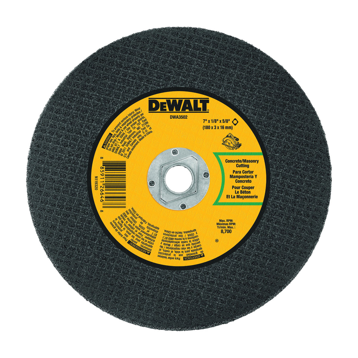 DeWALT DWA3502 Cutting Wheel, 7 in Dia, 1/8 in Thick, 5/8 in Arbor, Aluminum Oxide Abrasive