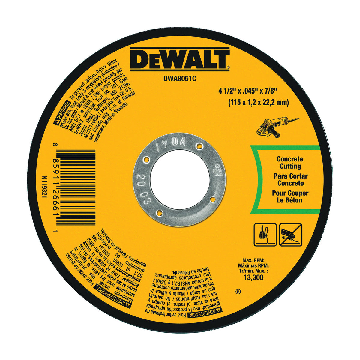 DeWALT DWA8051C Cutting Wheel, 4-1/2 in Dia, 0.045 in Thick, 7/8 in Arbor, Aluminum Oxide Abrasive