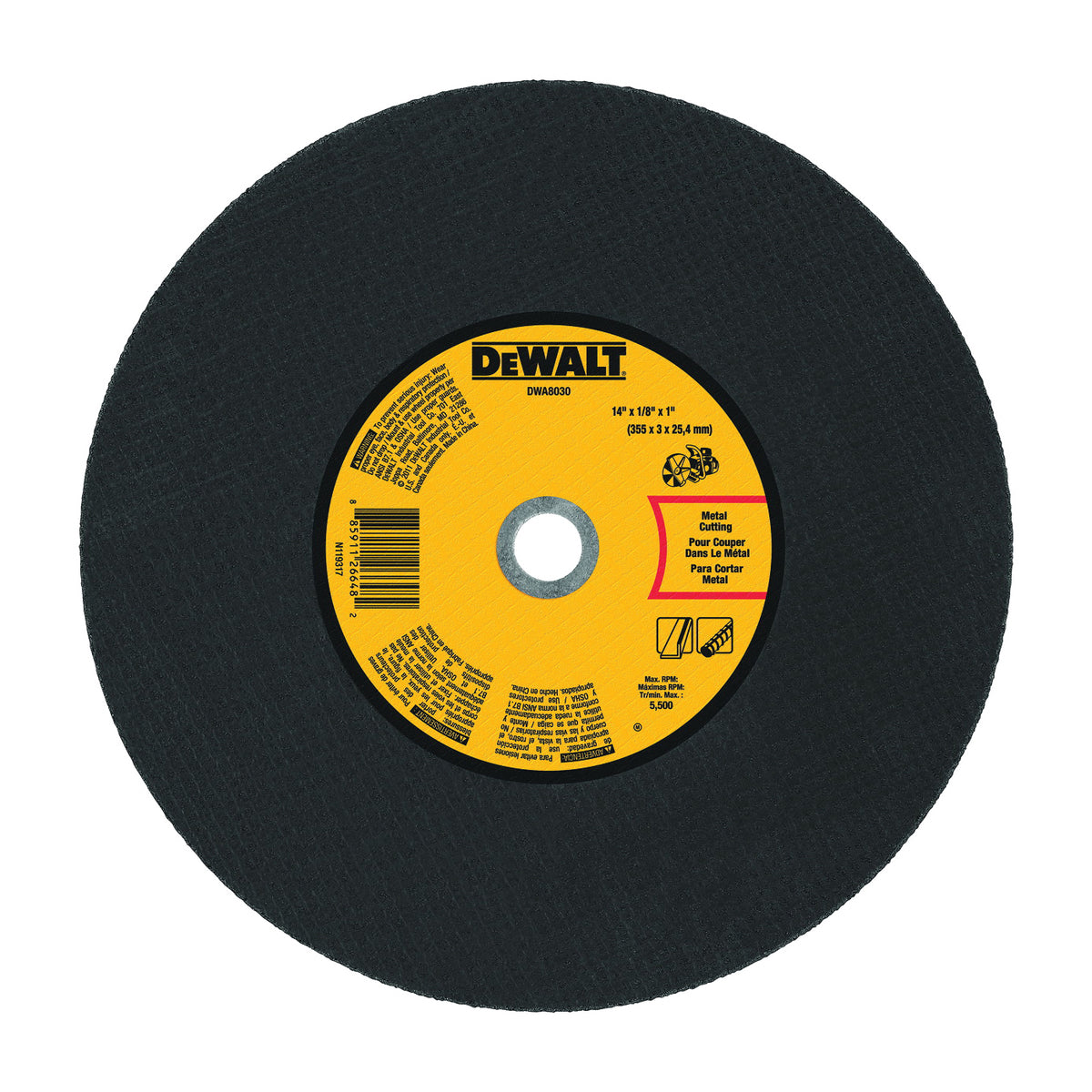 DeWALT DWA8030 Cutting Wheel, 14 in Dia, 1/8 in Thick, 1 in Arbor, Coarse, Aluminum Oxide Abrasive