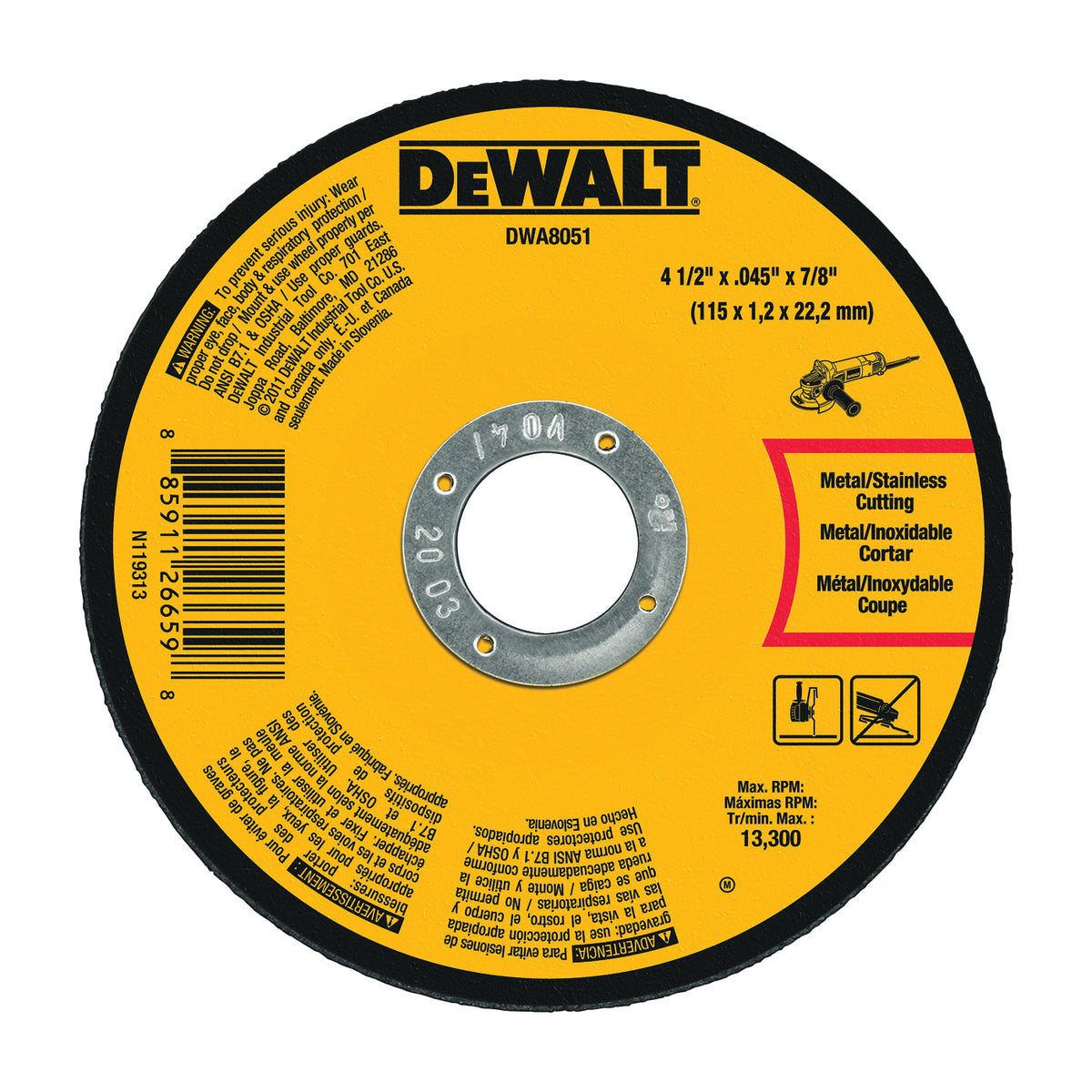 DeWALT DWA8051 Cutting Wheel, 4-1/2 in Dia, 29/64 in Thick, 7/8 in Arbor, Medium, Aluminum Oxide Abrasive