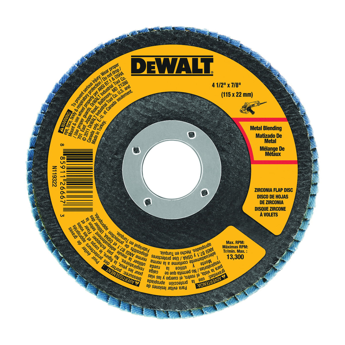 DeWALT DWA8208 Flap Disc, 4-1/2 in Dia, 7/8 in Arbor, Coated, 80 Grit, Medium, Zirconium Oxide Abrasive