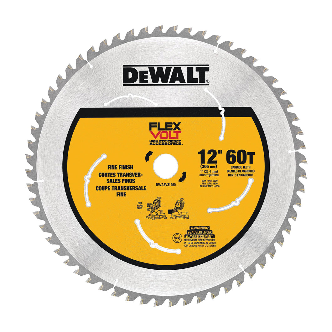 DeWALT DWAFV31260 Circular Saw Blade, 12 in Dia, 1 in Arbor, 60-Teeth, Carbide Cutting Edge