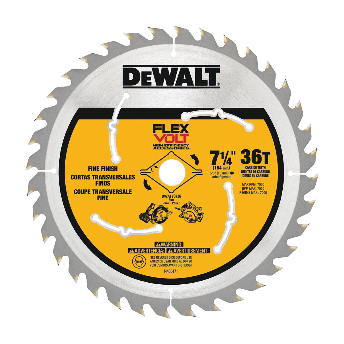 DeWALT DWAFV3736 Circular Saw Blade, 7-1/4 in Dia, 5/8 in Arbor, 36-Teeth, Carbide Cutting Edge