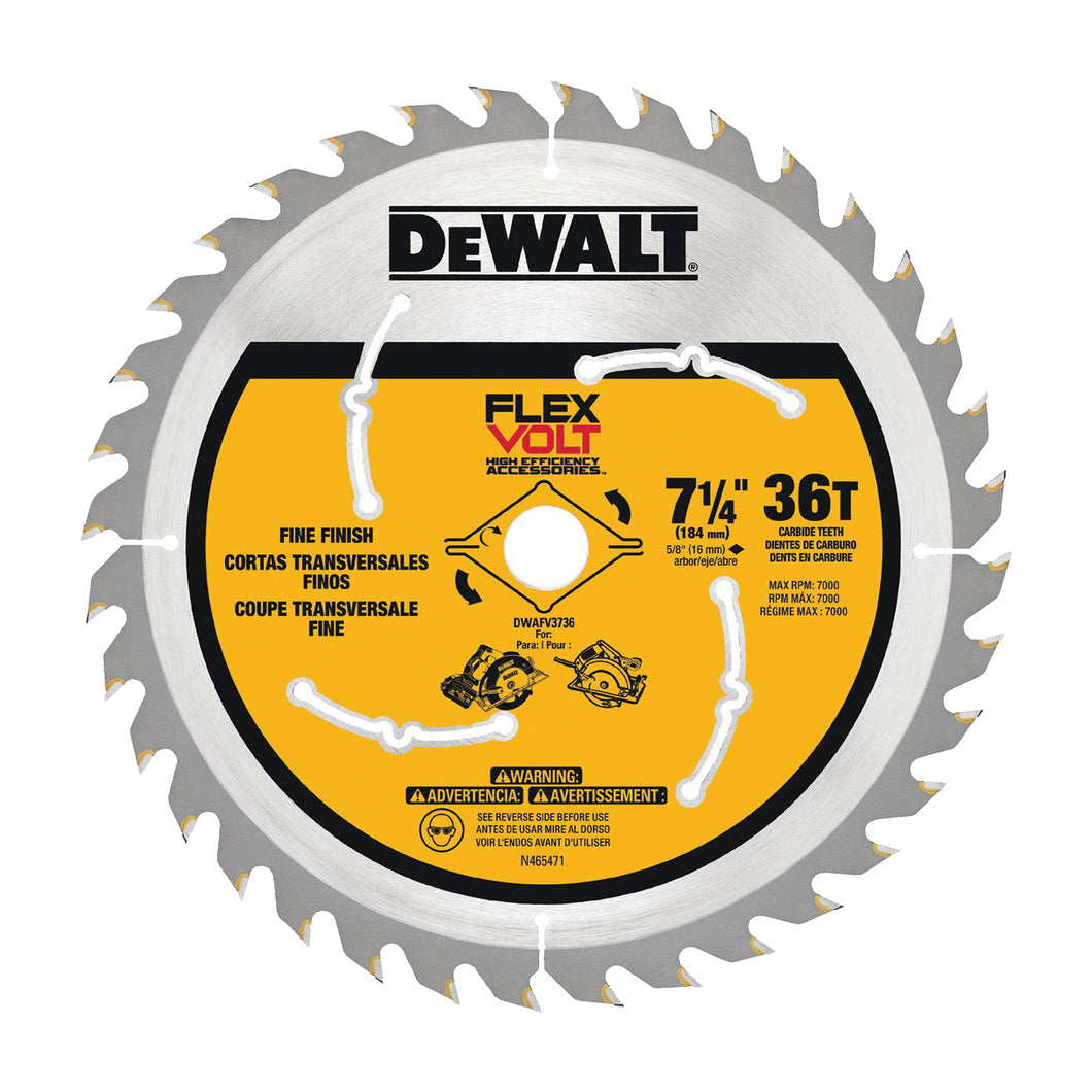 DeWALT DWAFV3736 Circular Saw Blade, 7-1/4 in Dia, 5/8 in Arbor, 36-Teeth, Carbide Cutting Edge