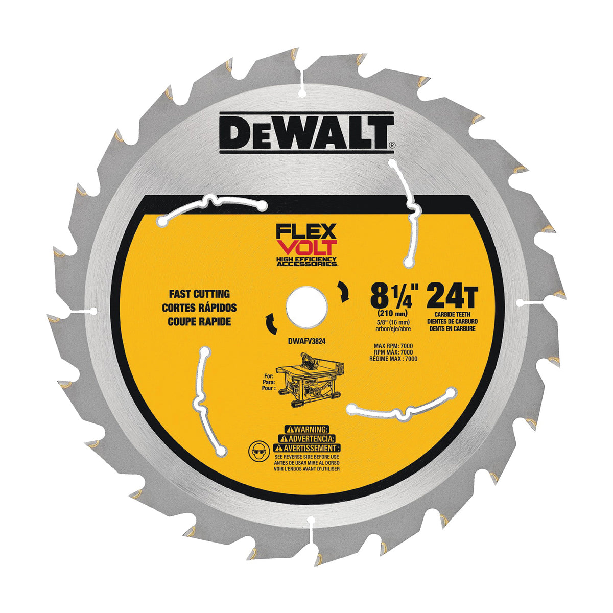 DeWALT DWAFV3824 Saw Blade, 8-1/4 in Dia, 5/8 in Arbor, 24-Teeth, Carbide Cutting Edge, Applicable Materials: Wood