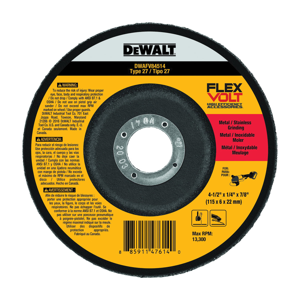 DeWALT DWAFV84514 Grinding Wheel, 4-1/2 in Dia, 1/4 in Thick, 7/8 in Arbor, Ceramic Abrasive