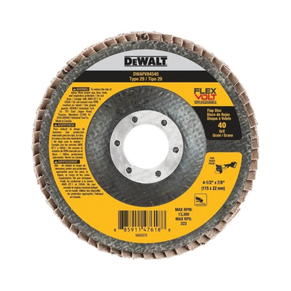 DeWALT DWAFV84540 Flap Disc, 4-1/2 in Dia, 7/8 in Arbor, Coated, 40 Grit, Coarse, Ceramic Abrasive