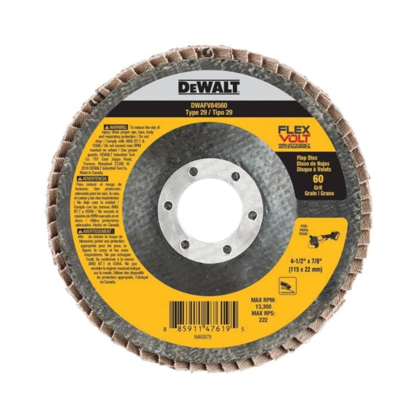 DeWALT DWAFV84560 Flap Disc, 4-1/2 in Dia, 7/8 in Arbor, Coated, 60 Grit, Medium, Ceramic Abrasive