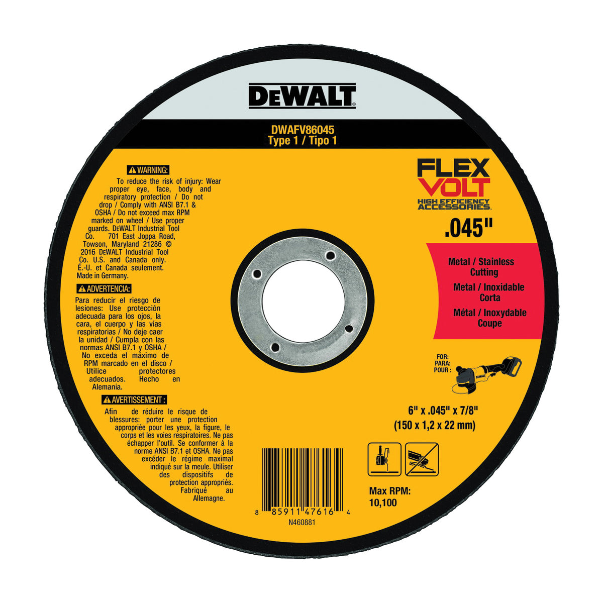 DeWALT DWAFV86045 Cutting Wheel, 6 in Dia, 0.045 in Thick, 7/8 in Arbor, 24 Grit, Medium, Ceramic Abrasive