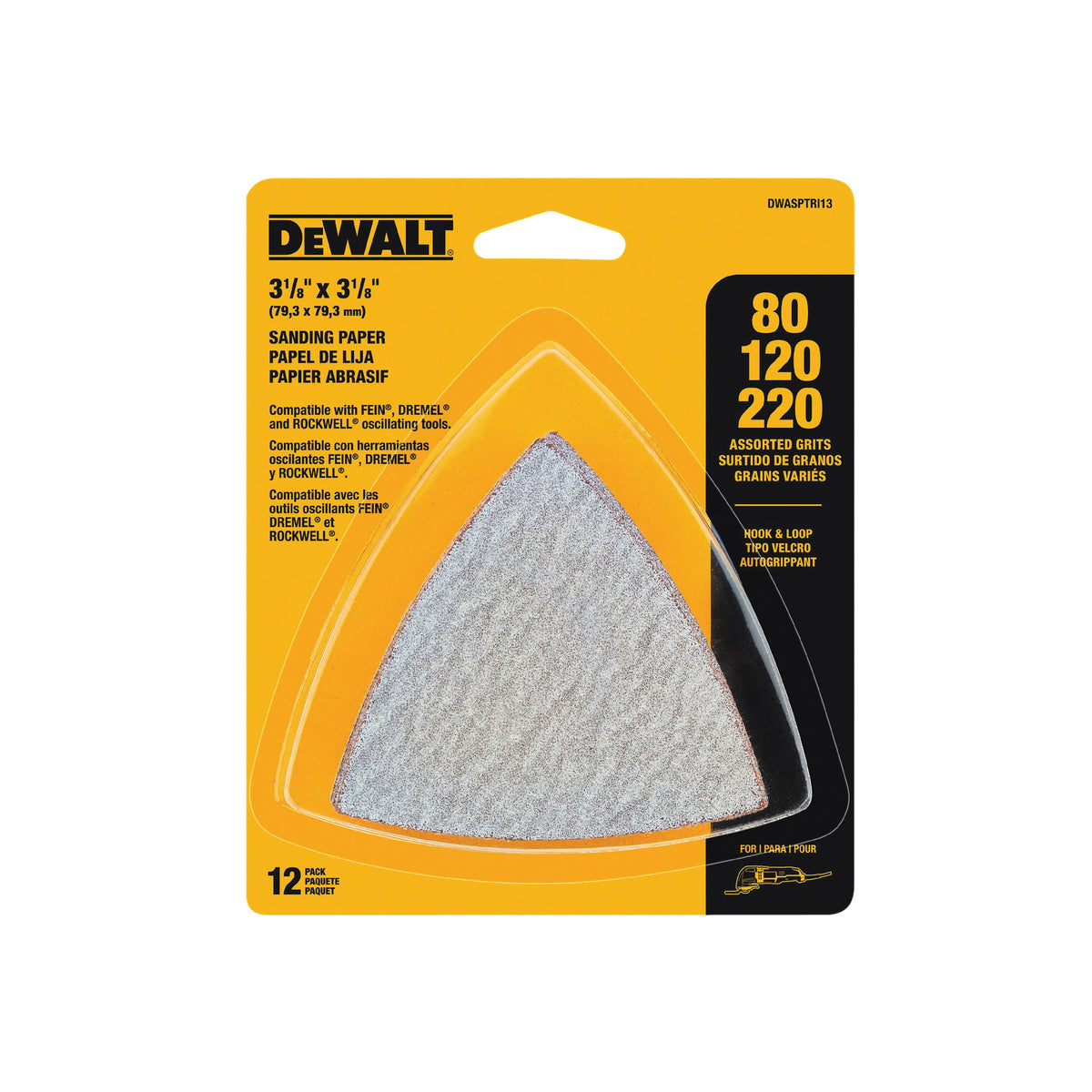 DeWALT DWASPTRI Sanding Paper, 3-3/4 in L, 80, 120, 220 Grit, Aluminum Oxide Abrasive