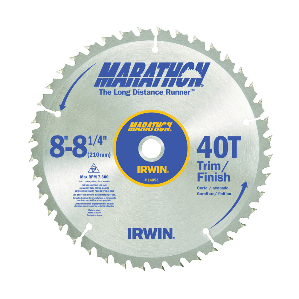 IRWIN MARATHON 14053 Table Saw Blade, 8-1/4 in Dia, 5/8 in Arbor, 40-Teeth, Carbide Cutting Edge