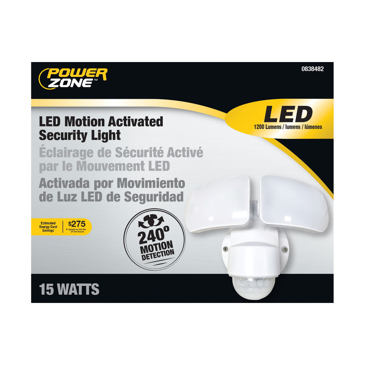 PowerZone O-OV-1200M-240W Security Light, 110/240 V, 15 W, 1-Lamp, LED Lamp, Daylight Light, 1200 Lumens, White Fixture