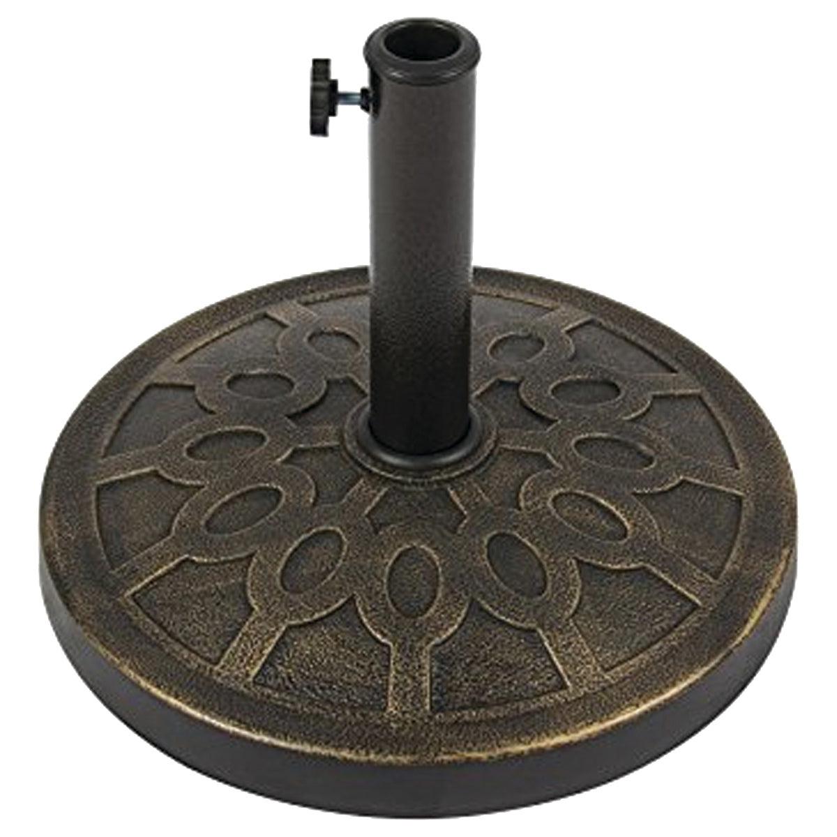 Seasonal Trends 69328 Umbrella Base, 17-1/2 in Dia, 13 in H, Round, Resin/Steel/Plastic, Bronze