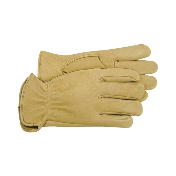 BOSS 4085J Driver Gloves, XL, Keystone Thumb, Open, Shirred Elastic Back Cuff, Deerskin Leather, Gold