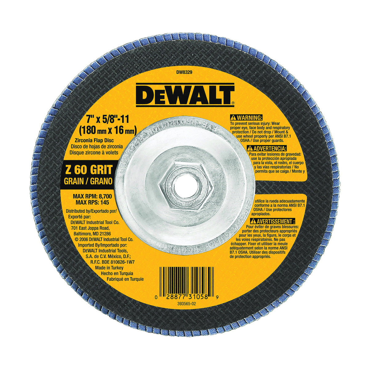 DeWALT DW8329 Flap Disc, 7 in Dia, 5/8-11 Arbor, Coated, 60 Grit, Medium, Zirconium Oxide Abrasive