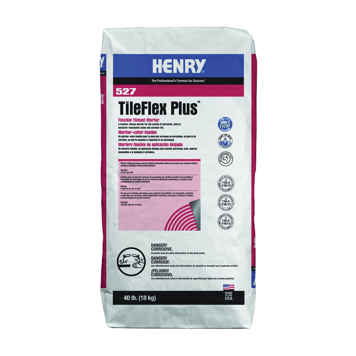 HENRY 527 TileFlex Plus Series 13080 Thin-Set Mortar, Gray, Fine Solid Powder, 40 lb Bag