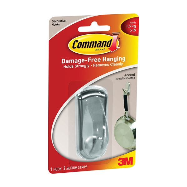Command 17071BN Accent Hook, 3 lb, 1-Hook, Plastic, Brushed Nickel