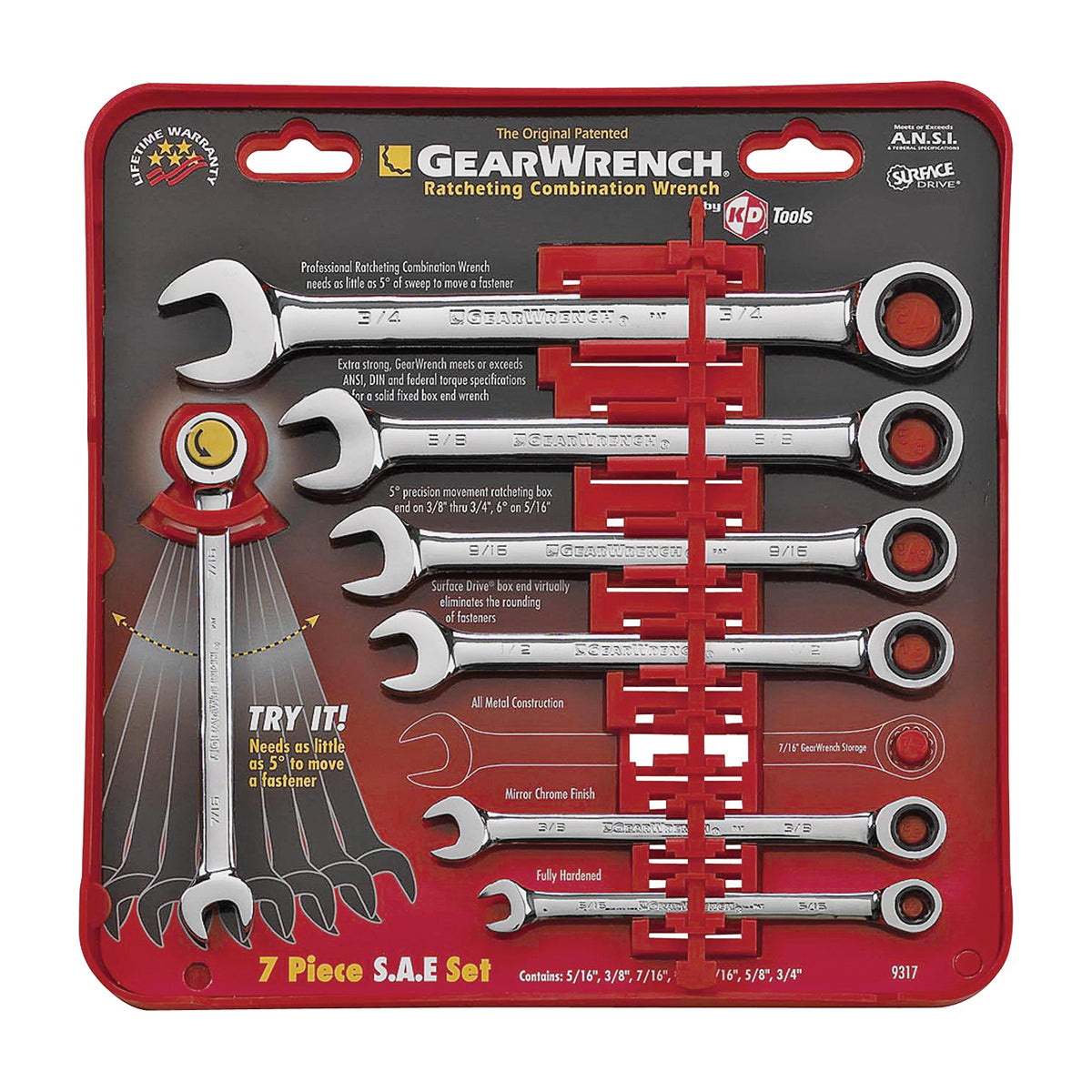 GearWrench 9317 Wrench Set, 7-Piece, Steel, Polished Chrome, Specifications: SAE Measurement