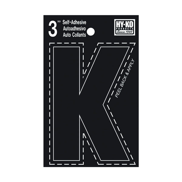 HY-KO 30400 Series 30421 Die-Cut Letter, Character: K, 3 in H Character, Black Character, Vinyl