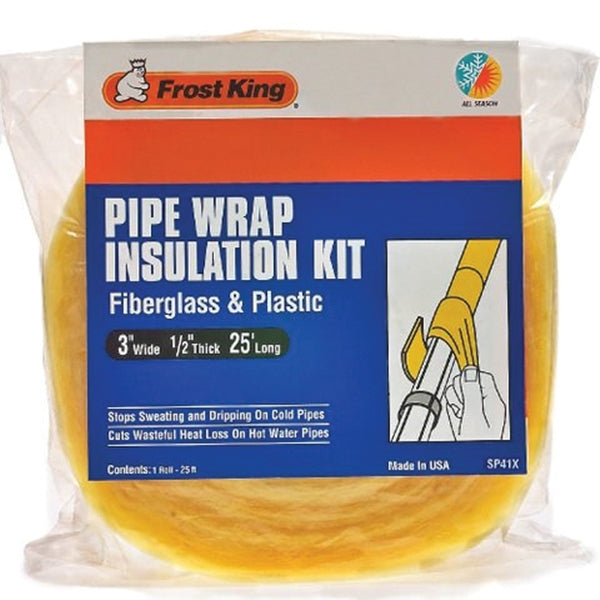 Frost King SP41X Pipe Wrap Kit, 25 ft L, 3 in W, 1/2 in Thick, 1.6 R-Value, Fiberglass