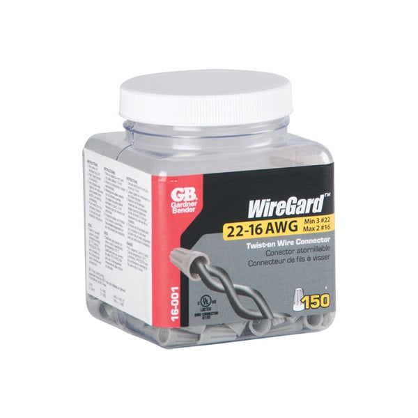 GB WireGard GB-1 16-001 Wire Connector, 22 to 16 AWG Wire, Steel Contact, Polypropylene Housing Material, Gray