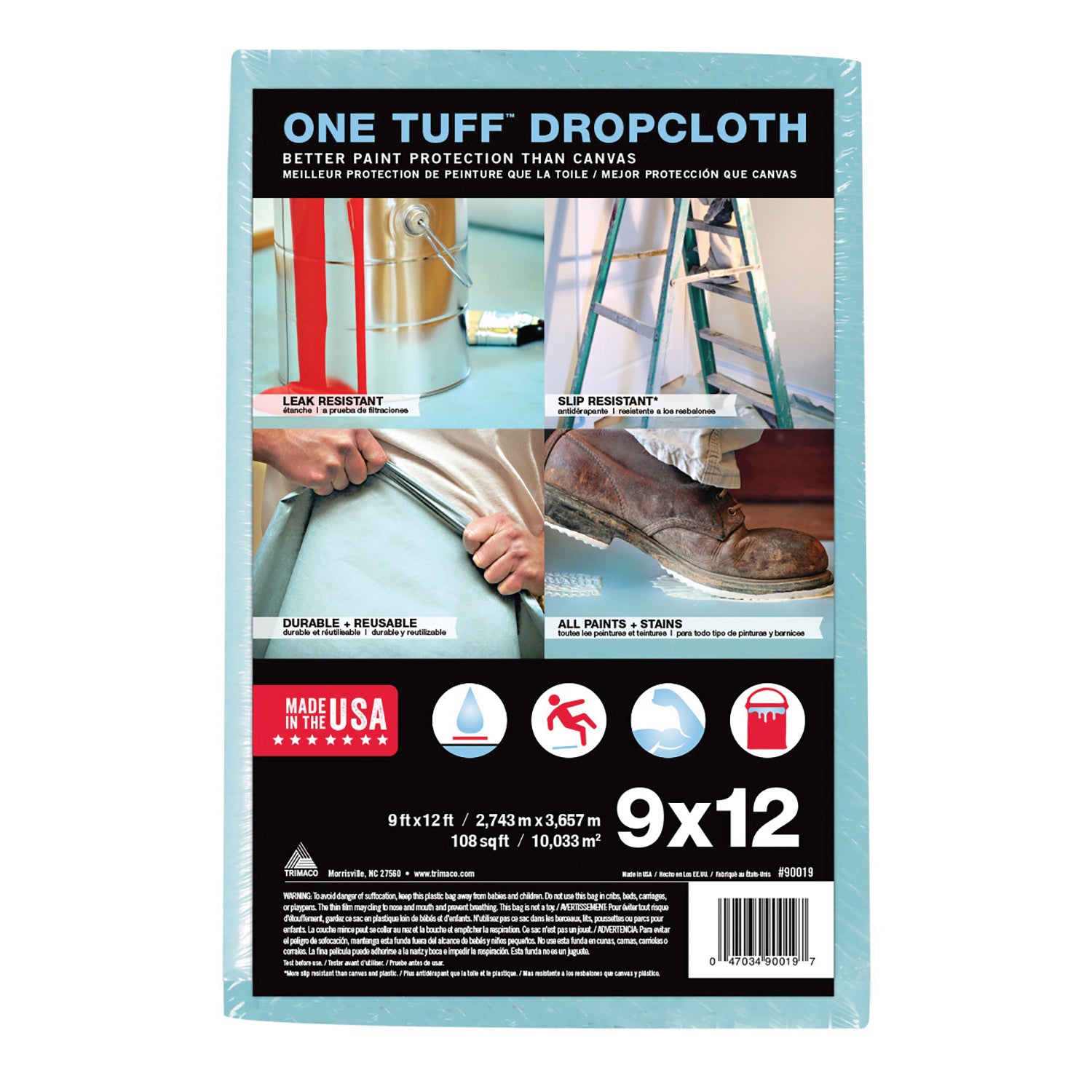 Trimaco ONE TUFF 90039 Drop Cloth, 15 ft L, 12 ft W, Sontara Fabric, Blue