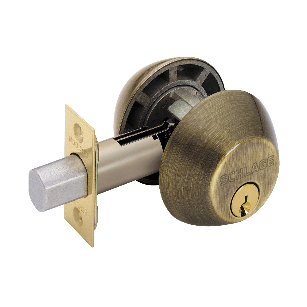 Schlage B62N609 Entry Deadbolt, 1 Grade, Keyed Alike Key, Metal, Antique Brass, 2-3/8 x 2-3/4 in Backset, C, K4 Keyway