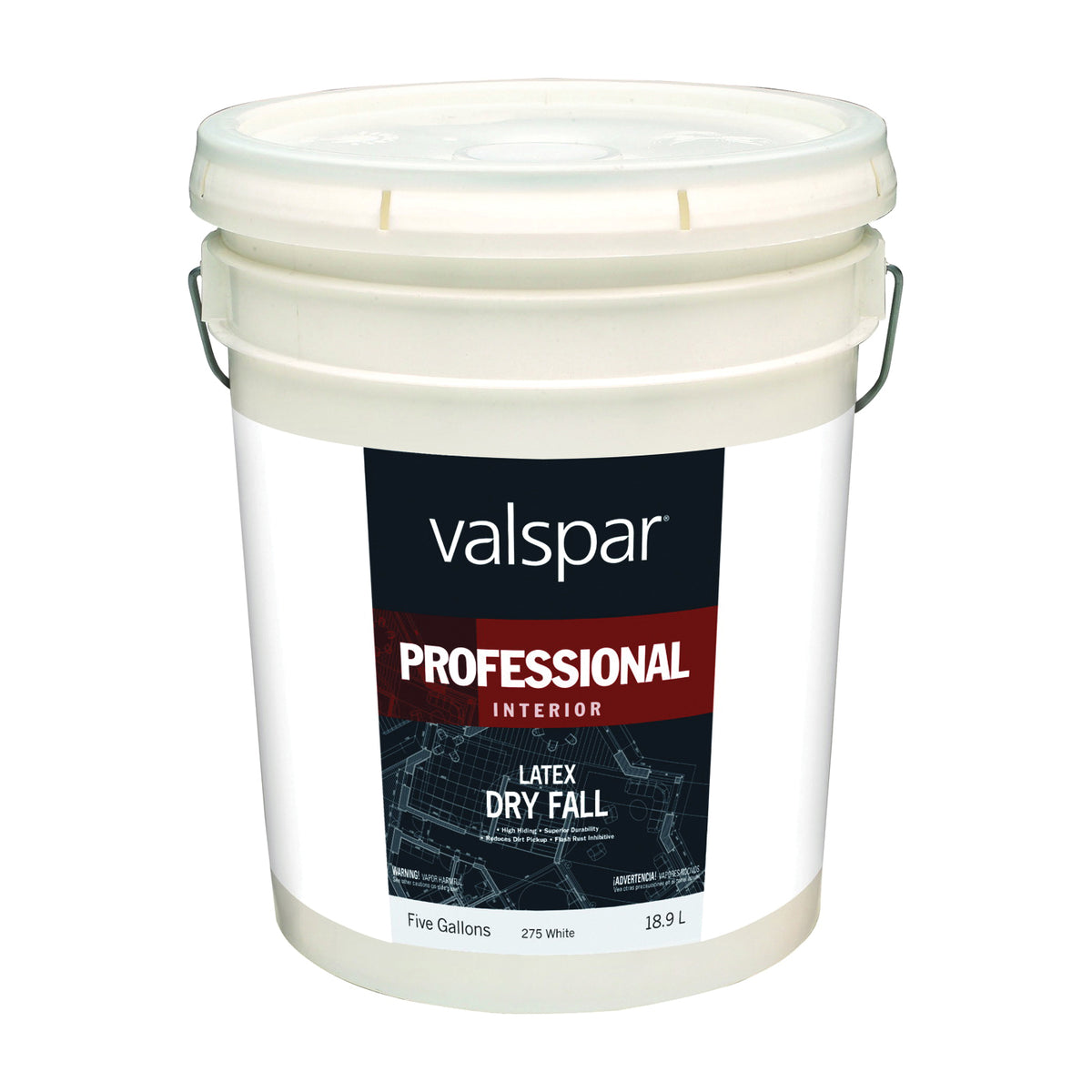 Valspar 044.0000275.008 Dry Fall Paint, Flat, White, 5 gal, Pail, Latex Base