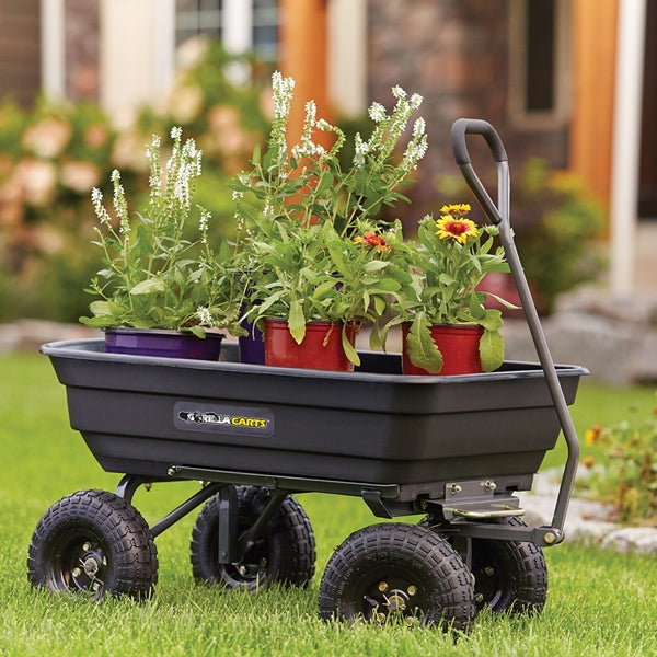 Gorilla Carts GOR4PS Dump Cart, 600 lb, 36 in L x 20 in W Deck, Poly Deck, 4-Wheel, 10 in Wheel, Pneumatic Wheel, Black