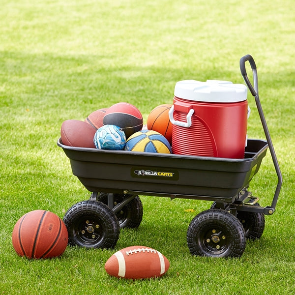 Gorilla Carts GOR4PS Dump Cart, 600 lb, 36 in L x 20 in W Deck, Poly Deck, 4-Wheel, 10 in Wheel, Pneumatic Wheel, Black